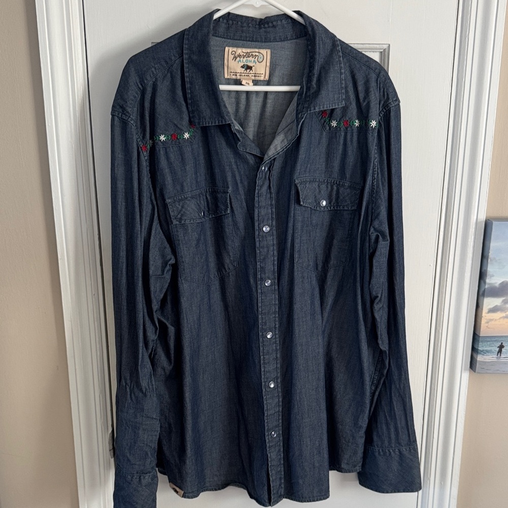 Western Aloha Denim Shirt Flower Embroidery with Pearl Snap Buttons